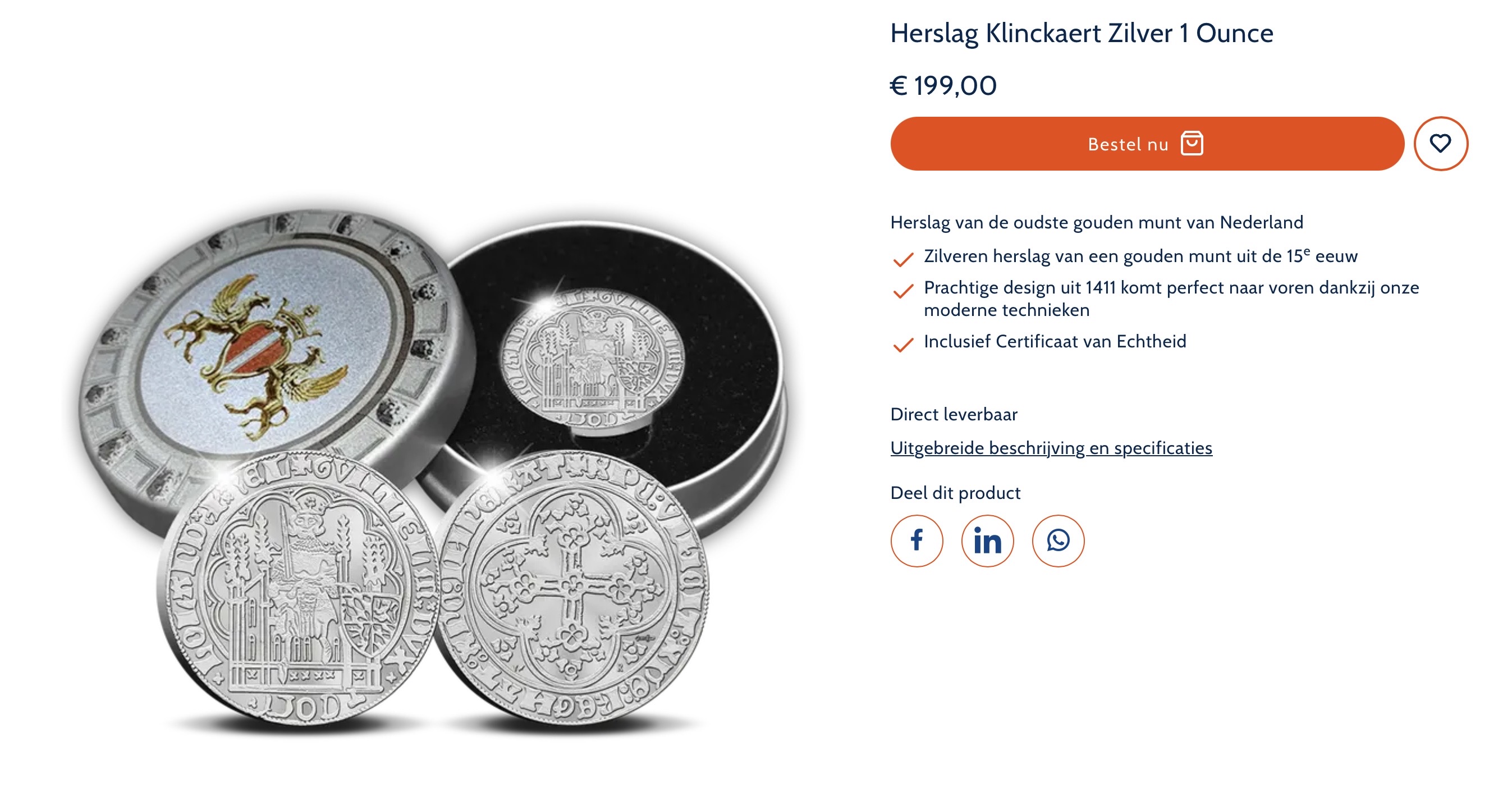 Zilveren Munt 1 troy ounce Herslag Klinckaert Oplage 200 stuks 