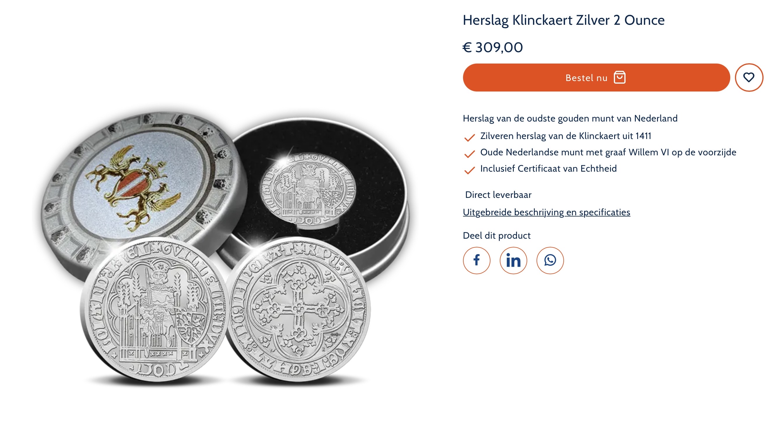Zilveren Munt 2 troy ounce Herslag Klinckaert Oplage 100 stuks 