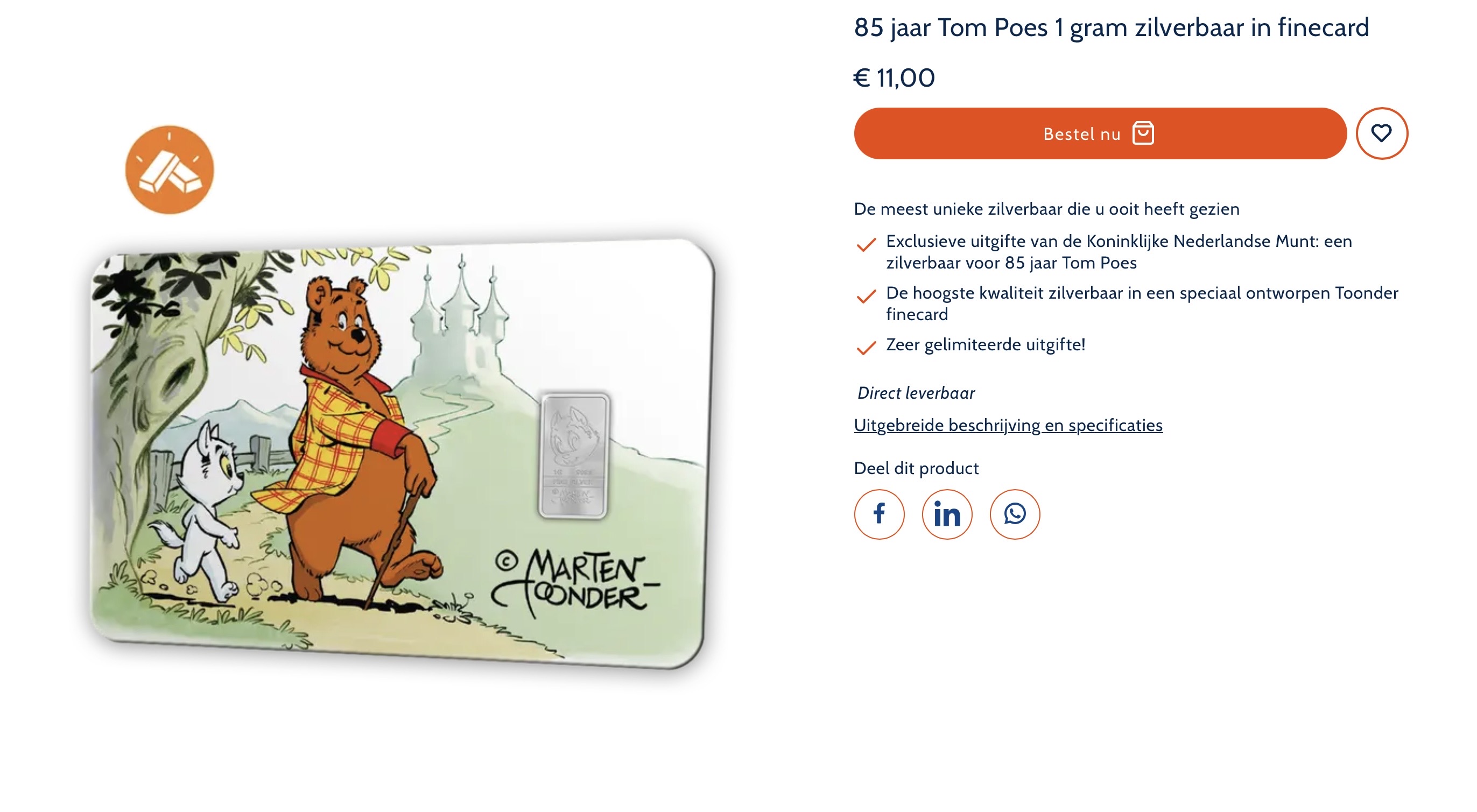 85 jaar 1 gram Zilverbaar in finecard